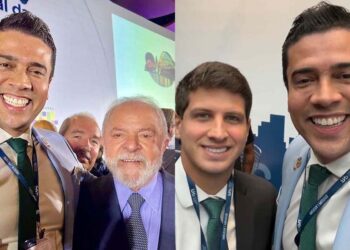 Rodrigo Pinheiro posa com Lula e João Campos, na Reunião Geral da Frente Nacional de Prefeitos