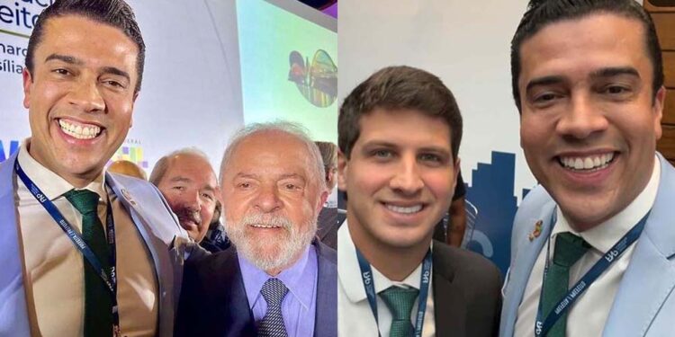 Rodrigo Pinheiro posa com Lula e João Campos, na Reunião Geral da Frente Nacional de Prefeitos
