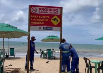 Placa sobre proibição de banho na Praia de Piedade, em Jaboatão, no Grande Recife.