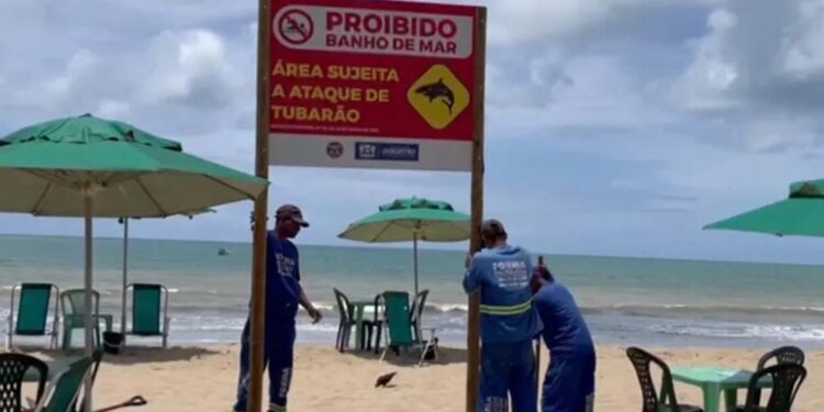 Placa sobre proibição de banho na Praia de Piedade, em Jaboatão, no Grande Recife.