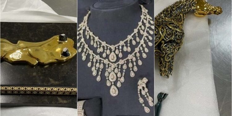 As joias foram avaliadas em R$ 16 milhões e retidas pela Receita Federal no Aeroporto de Guarulhos.