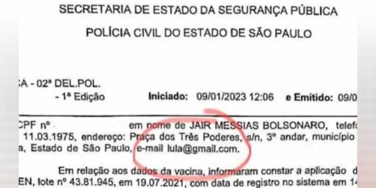 Ficha da imunização mostra o e-mail de contato “Lula@gmail.com"