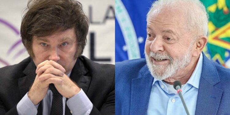 Os presidentes Javier Milei (Argentina) e Lula (Brasil)