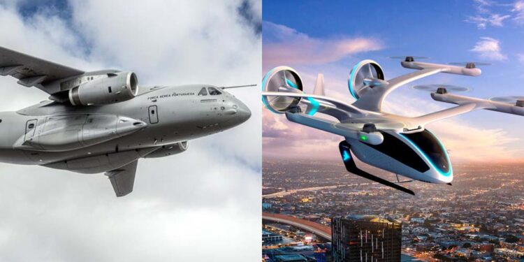 Aeronave C-390 Millennium e carro voador produzidos pela embraer