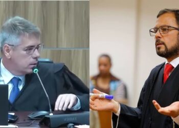 Des. Fábio Cristóvão de Campos (esq.) e o advogado de defesa, Jader Marques