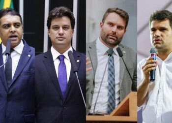 Da esquerda para a direita: Os deputados Fernando Rodolfo (PL), Lucas Ramos (PSB) e Gustavo Gouveia (SD); e o prefeito Marcelo Gouveia (POD)