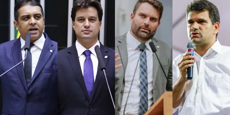 Da esquerda para a direita: Os deputados Fernando Rodolfo (PL), Lucas Ramos (PSB) e Gustavo Gouveia (SD); e o prefeito Marcelo Gouveia (POD)