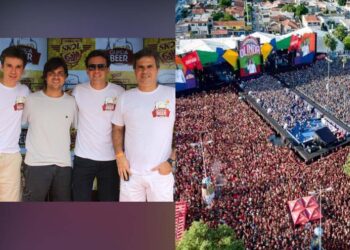 Os produtores Felipe Carreras, Bruno Rego, Augusto Acioli e Silvinho em 2013; e o Olinda Beer em 2023