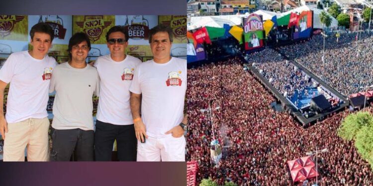 Os produtores Felipe Carreras, Bruno Rego, Augusto Acioli e Silvinho em 2013; e o Olinda Beer em 2023