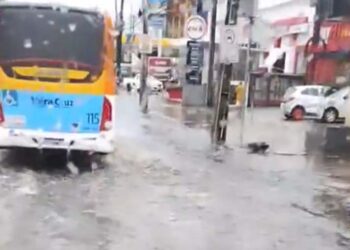 Ônibus passar por avenida alagada no Recife
