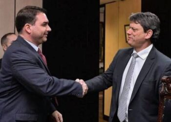 Flávio Bolsonaro elogia relação entre Tarcísio de Freitas e a família Bolsonaro.