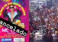 À esquerda, banner usado para divulgar o cancelamento da saída do bloco. À direita, registro do desfile do bloco em 2020.