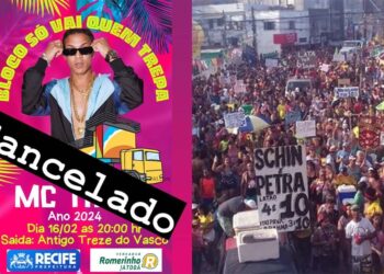 À esquerda, banner usado para divulgar o cancelamento da saída do bloco. À direita, registro do desfile do bloco em 2020.