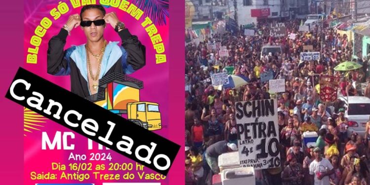 À esquerda, banner usado para divulgar o cancelamento da saída do bloco. À direita, registro do desfile do bloco em 2020.
