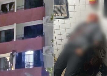 Polícia invadiu o apartamento pela janela (à esq.). Porteiro foi morto (à dir.)