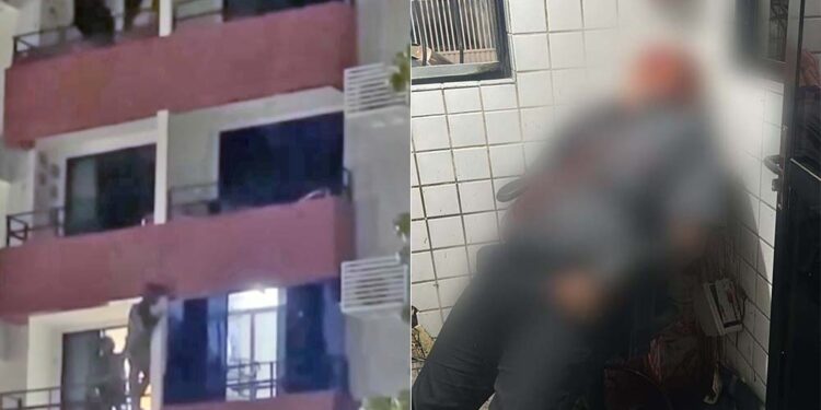 Polícia invadiu o apartamento pela janela (à esq.). Porteiro foi morto (à dir.)