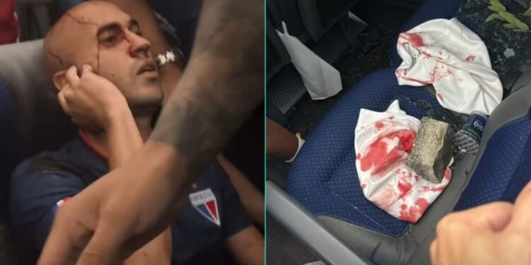 Ônibus do Fortaleza é apedrejado após empate com Sport:, jogadores feridos são levados ao hospital.