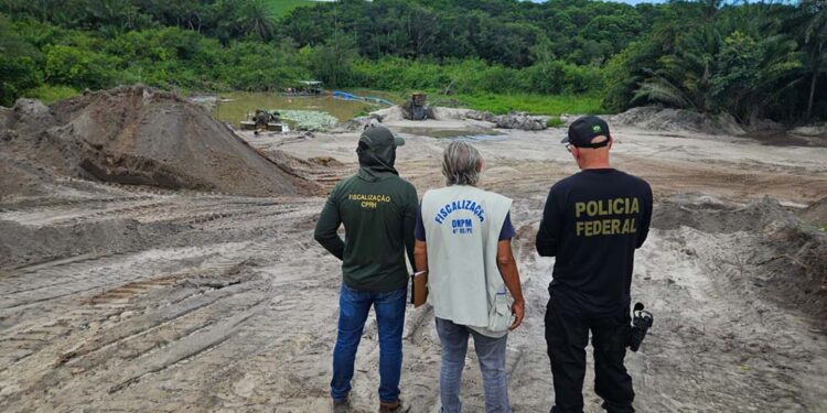 Agentes da PF durante operação Areia Legal, em Goiana (PE)