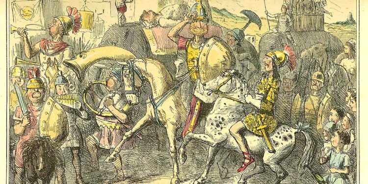 Charge retratando a chegada de Pirro e suas tropas à Itália