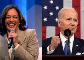Vice-presidente dos Estados Unidos Kamala Harris (à esquerda); Biden em comício(à direita)