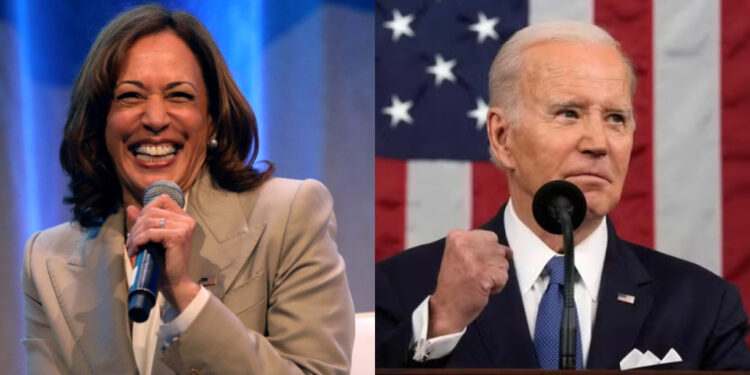 Vice-presidente dos Estados Unidos Kamala Harris (à esquerda); Biden em comício(à direita)