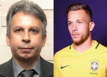 Juiz federal Alderico Rocha Santos (à dir.) e o jogador da seleção Arthur Melo (à esq.)