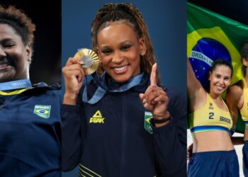 Pódio brasileiro: no judô, Beatriz Souza (à esq.); na ginástica individual: Rebeca Andrade (centro); e no vôlei de praia, a dupla: Ana Patrícia e Duda