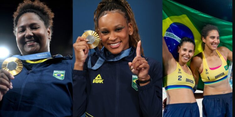 Pódio brasileiro: no judô, Beatriz Souza (à esq.); na ginástica individual: Rebeca Andrade (centro); e no vôlei de praia, a dupla: Ana Patrícia e Duda