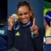 Pódio brasileiro: no judô, Beatriz Souza (à esq.); na ginástica individual: Rebeca Andrade (centro); e no vôlei de praia, a dupla: Ana Patrícia e Duda