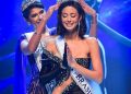 Luana Cavalcante recebendo a coroa da Miss Universo 2023, Sheynnis Palacios.