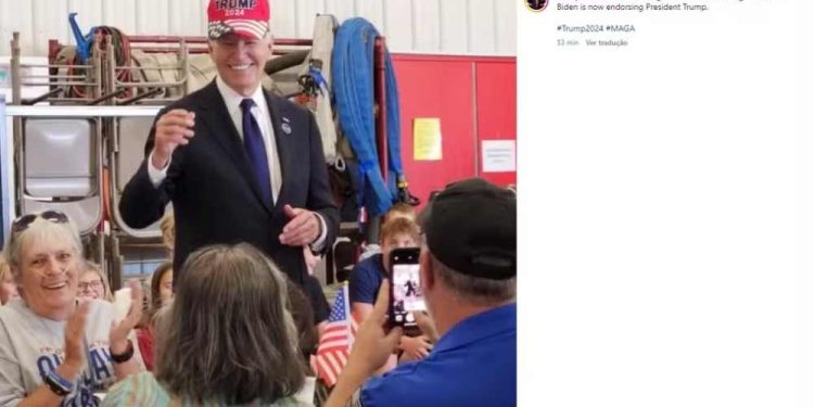 Joe Biden é fotografado usando boné de apoio a Donald Trump.