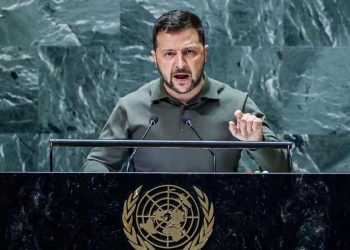 O presidente ucraniano discursando na Assembleia Geral da ONU.