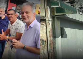 Oscar Barreto e Osmar Ricardo e a faixada do imóvel da instituição “sem fins lucrativos”