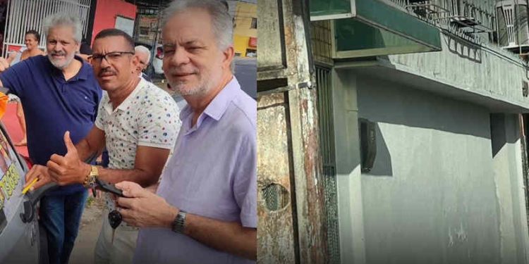 Oscar Barreto e Osmar Ricardo e a faixada do imóvel da instituição “sem fins lucrativos”