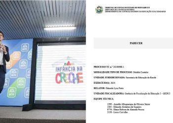 Do lado esquerdo está o prefeito João Campos e do lado direito está a recomendação do Tribunal de contas do Estado de Pernambuco.