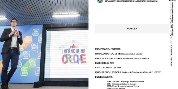 Do lado esquerdo está o prefeito João Campos e do lado direito está a recomendação do Tribunal de contas do Estado de Pernambuco.