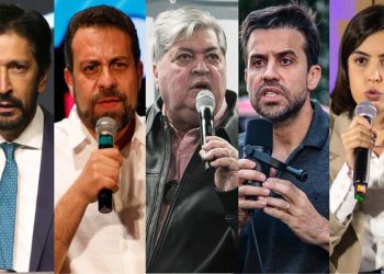 Ricardo Nunes, Guilherme Boulos, José Datena, Pablo Marçal e Tabata Amaral (Da esq. para dir.)