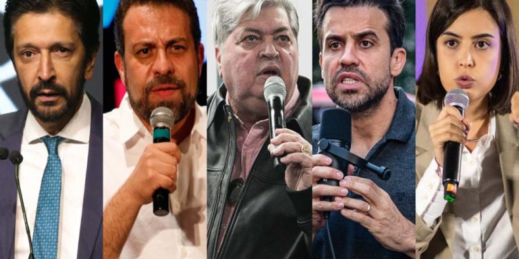 Ricardo Nunes, Guilherme Boulos, José Datena, Pablo Marçal e Tabata Amaral (Da esq. para dir.)