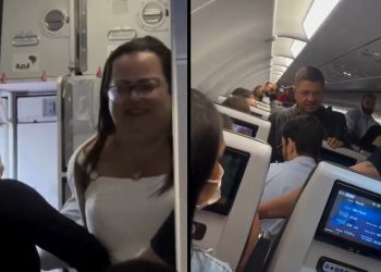 Imagens do vídeo que circula nas redes sociais, com a mulher sendo algemada.