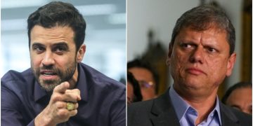 Na sondagem da Quaest Tarcísio de Freitas (à esq. )
aparece atrás de Marçal (à dir. )