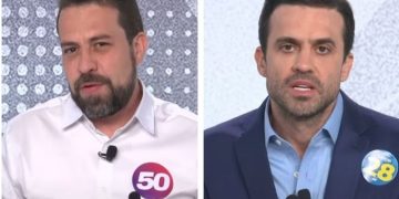 Pablo Marçal (à dir.) apresentou um laudo falso do candidato do PSOL, Guilherme Boulos (à esq.)