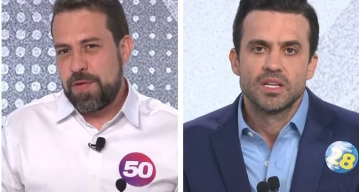 Pablo Marçal (à dir.) apresentou um laudo falso do candidato do PSOL, Guilherme Boulos (à esq.)