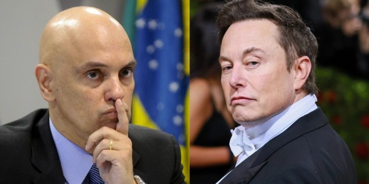 O ministro Alexandre de Moraes (esq.) e o dono do X (antigo Twitter) Elon Musk (dir.)