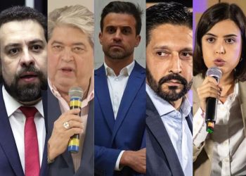 Da direita para a esquerda: Guilherme Boulos (PSOL), José Luiz Datena (PSDB), Pablo Marçal (PRTB), Ricardo Nunes (MDB) e Tabata Amaral (PSB).