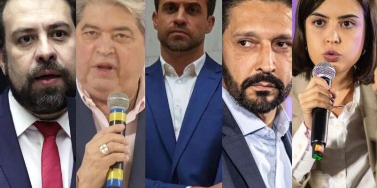 Da direita para a esquerda: Guilherme Boulos (PSOL), José Luiz Datena (PSDB), Pablo Marçal (PRTB), Ricardo Nunes (MDB) e Tabata Amaral (PSB).