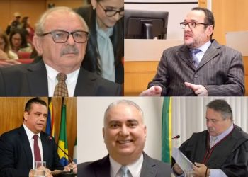 Da esquerda para a direita, os desembargadores Sidini Soncini Pimentel, Vladimir Abreu da Silva, Alexandre Aguiar Bastos, Sérgio Fernandes Martins e Marcos José de Brito Rodrigues