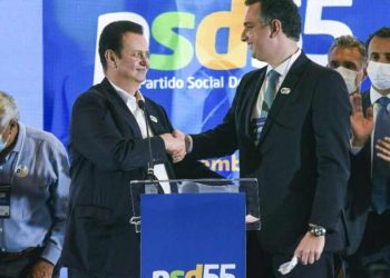 Na foto, Gilberto Kassab e Rodrigo Pacheco (PSD-MG) durante o encontro nacional da sigla em 2022.