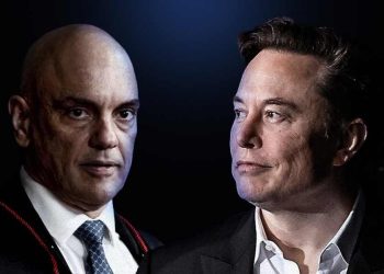 O ministro Alexandre de Moraes (esq.) e o dono do X (antigo Twitter) Elon Musk (dir.)