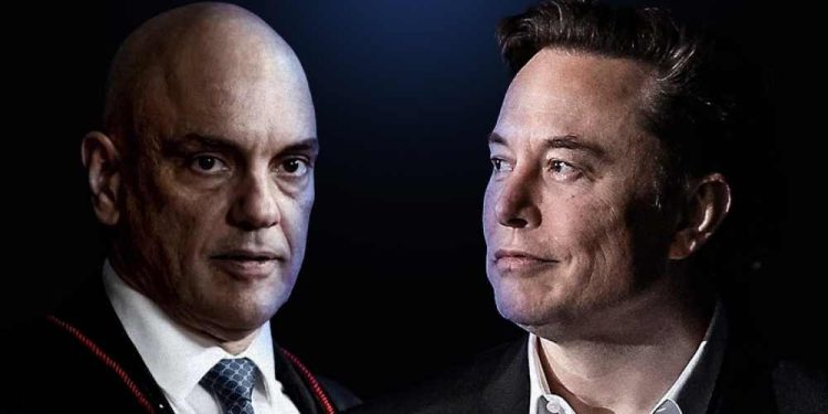 O ministro Alexandre de Moraes (esq.) e o dono do X (antigo Twitter) Elon Musk (dir.)