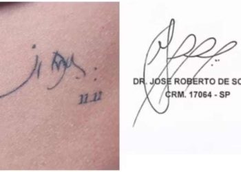 Tatuagem mostra assinatura do pai de Aline Garcia, o médico José Roberto de Souza.
